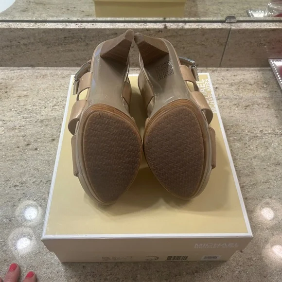MICHAEL KORS Taupe Stacked Wedged Carla Heels/Sandals - Picture 4 of 5